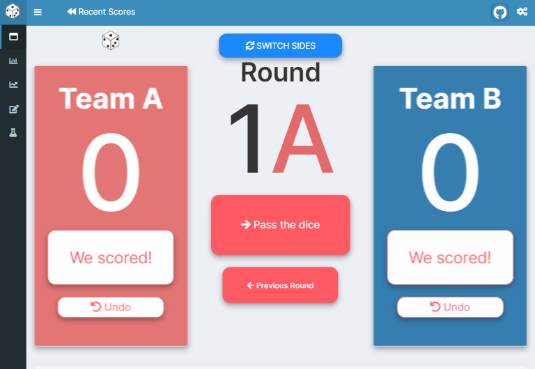 The scoreboard screen is where we keep track of the round and enter (or remove) points. It also has a button which switches the sides and a die icon to indicate the active team.